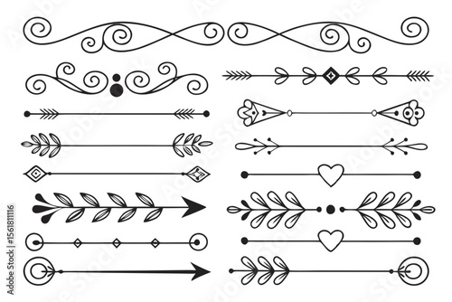 Elegant Swirl and Floral Divider Elements in Black Vector Line Art. Hand-Drawn Arrows and Ornaments for Creative Layouts, Invitations, and Design Templates.


