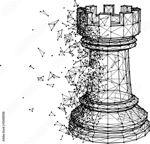 Chess tower with network polygon mesh structure. Connection communication strategy design element.