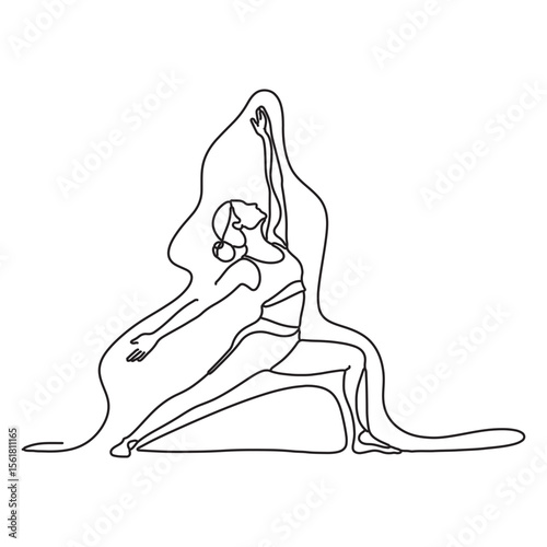 Woman practicing yoga warrior pose stretching flexibility