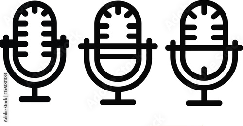 Three Retro Microphone Icons in Black Outline Style Representing Podcasting Voice Recording and Audio Technology Isolated on a White Background for Clean and Modern Design