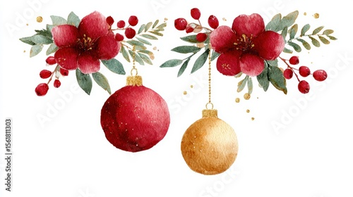 Watercolor Christmas ornaments with red flowers and foliage, featuring red and gold baubles, evoking a festive holiday spirit.
