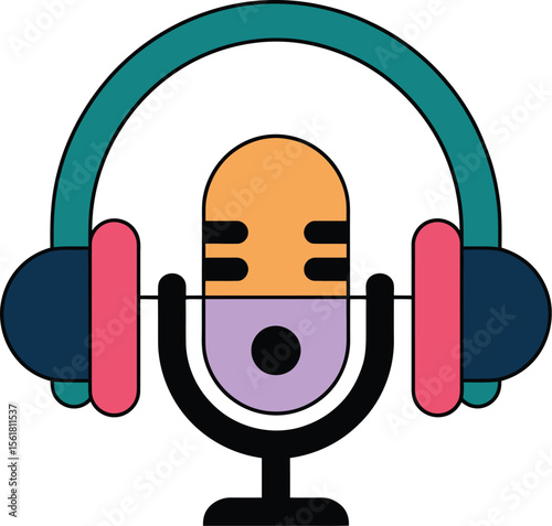 Colorful Flat Design Illustration of a Microphone with Headphones Representing Podcasting Audio Recording or Music Production on a Clean White Background Ideal for Creative Projects