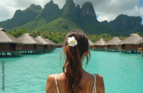 Young woman admires turquoise waters overwater bungalows Bora Bora. Wears flower in hair, facing scenic lagoon, mountains. Tropical resort, island escape vacation, paradise. Tranquil scenery, travel