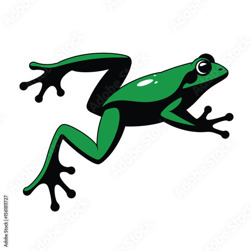 Black and white vector illustration of a leaping frog with clean lines and dynamic motion in minimalist style