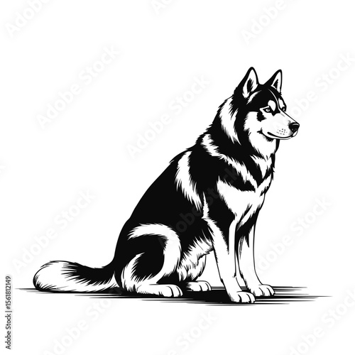 Black and white vector illustration of a seated Siberian Husky in refined line art style with detailed fur texture and subtle shading