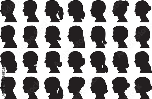 Collection of diverse human head silhouettes in profile view