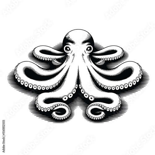 Black and white vector illustration of an octopus viewed from above with spread tentacles, intricate skin patterns, and subtle shadows