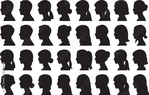 Diverse collection of human head silhouettes in profile view