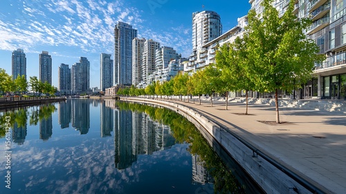 Fototapeta Naklejka Na Ścianę i Meble -  A modern urban waterfront with high-rise buildings reflected in calm water beside a paved walkway and green trees. .