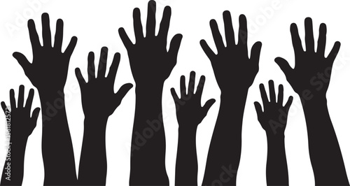 Multiple raised hands reaching upwards in a diverse group silhouette