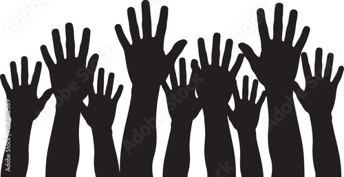Diverse group of people raising their hands in unity and celebration silhouette