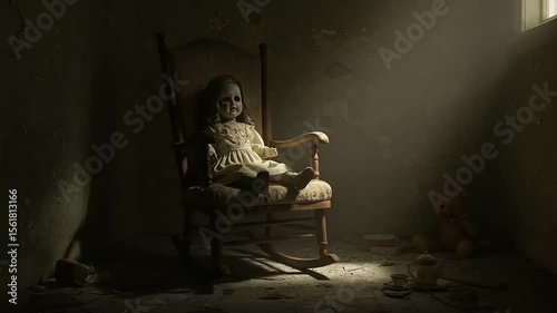 Creepy doll in abandoned room.