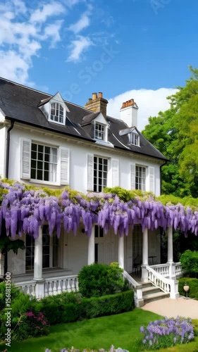 Elegant white home exterior with lush purple wisteria vine cascading over the porch, manicured lawn and blue sky, summertime garden