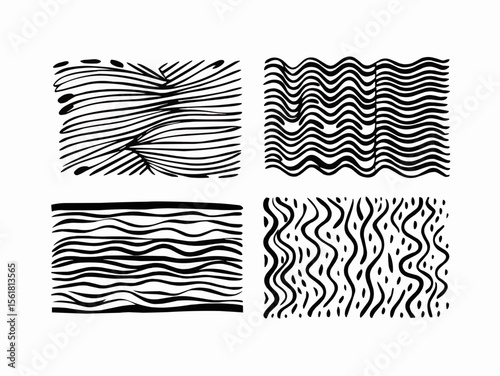 Four abstract black and white patterns featuring wavy lines and organic shapes in a grid arrangement