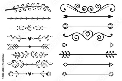 Elegant Arrows and Floral Decorative Dividers in Black Vector Format. Whimsical Swirl Borders and Ornamental Accents for Invitations and Layout Templates.

