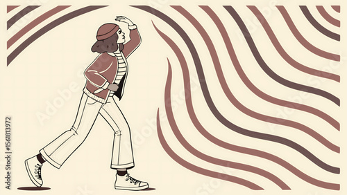 Illustration of a woman in a jacket and hat looking up with curved lines in the background design