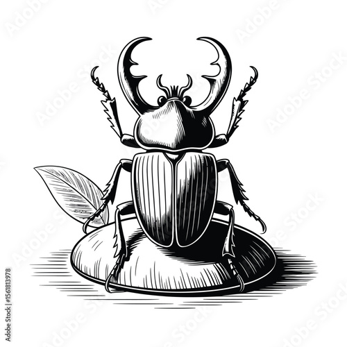 Black and white vector sketch of a horned beetle with segmented shell and antennae resting on stone with leaf in scientific illustration style