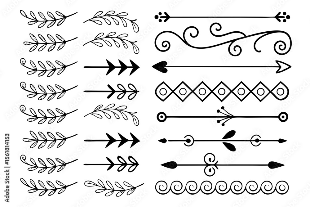 Fototapeta premium Elegant Decorative Line Art Dividers and Arrow Ornaments in Black Vector. Whimsical Swirls and Floral Borders for Graphic Design, Layouts, and Invitations.