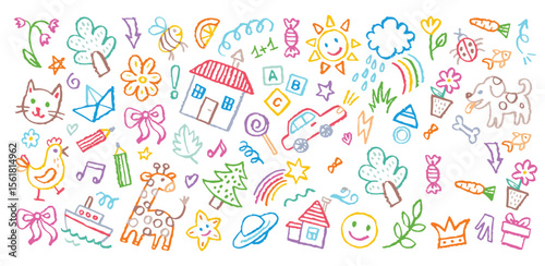 Kid crayon hand drawn background. Children school pencil bg. Cute summer flower, cloud, house, rainbow sun child icon. Vector kid sketch illustration. Cute crayon children pattern. Color pencil doodle