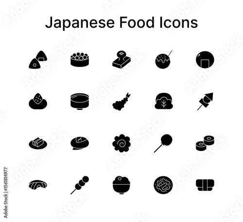 Japanese Food Silhouette Icons Set. Solid Black Fill for Web, Apps, Menus, and Packaging Design