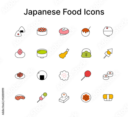 Japanese Food Icons Set. Traditional Cuisine for Web, Apps, Menus, and Packaging Design. Wagashi, Sushi, Takoyaki, and Matcha
