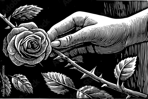 Graceful hand delicately offering a thorny rose stem, evocative of romance and resilience, ideal for perfume branding, stationery suites, tattoo studios and fine‑art prints, a black and white line art