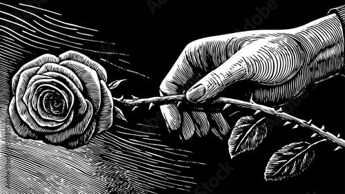 Graceful hand delicately offering a thorny rose stem, evocative of romance and resilience, ideal for perfume branding, stationery suites, tattoo studios and fine‑art prints, a black and white line art