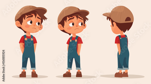 Sad Bored Boy in Farmer Overalls Cartoon Character