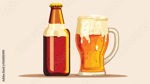 Modern Beverage Design with Bottle and Beer Glass Flat Vector