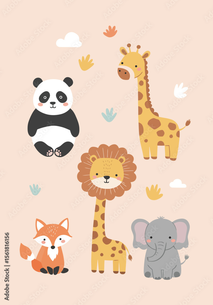 Fototapeta premium Error geCartoon animals illustration featuring a panda giraffe lion fox and elephant on a light backgroundnerating title