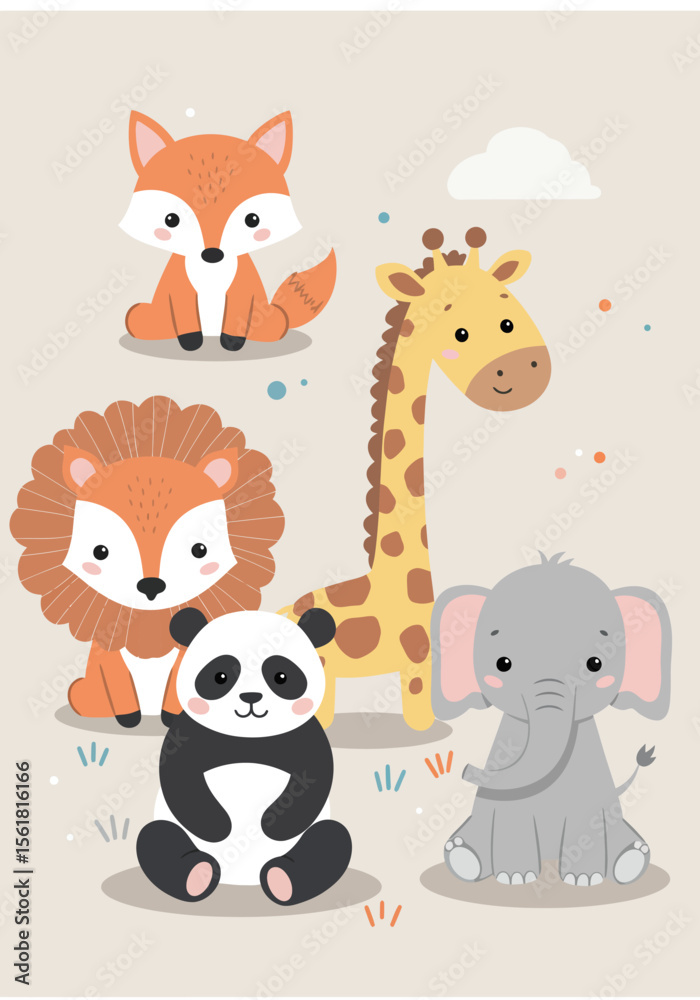 Fototapeta premium Adorable Jungle Friends A Delightful Collection of Cute Cartoon Animals Featuring a Fox Lion Panda Giraffe and Elephant in a Whimsical Setting