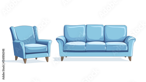 Modern Blue Couch and Chair in Room Flat Vector Illustration