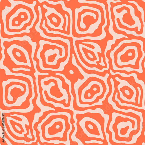 Vector organic seamless pattern. Abstract background with fluid shapes, ripple surface, curved liquid lines. Trendy retro-inspired ornament texture. Orange and beige funky groovy repeating design