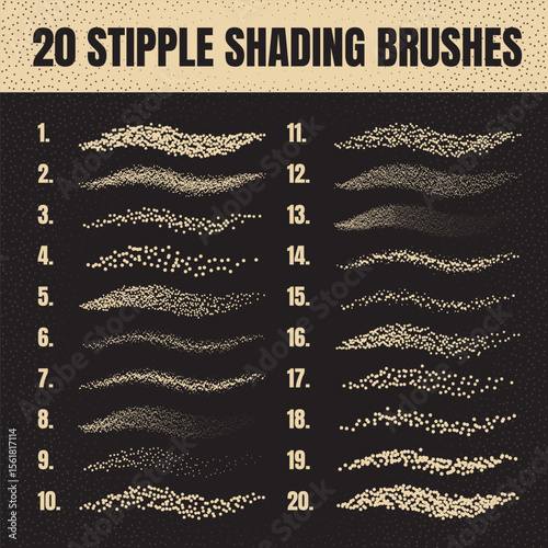 Ink scatter brush, stipple drawing and texturing. Fading gradient. Stippling, dotwork drawing, shading using dots. Halftone disintegration effect. White noise grainy texture. Vector illustration