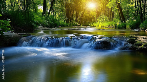 Tranquil Stream Flowing Through Lush Forest with Golden Sunlight in Background