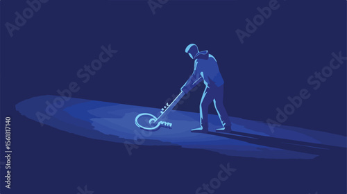 Blue Monday Person with Wind-Up Key Flat Vector Illustration