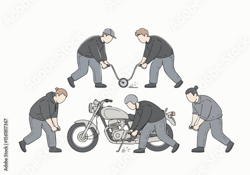 Minimalist Illustration Group of People Repairing Classic Motorcycle in Garage Workshop