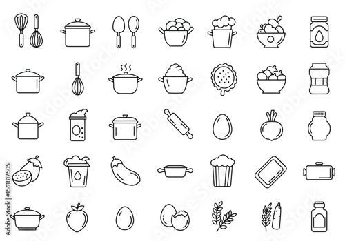 Collection of Hand Drawn Cooking Utensils Ingredients and Food Preparation Tools for Culinary Arts and Kitchen Design Elements