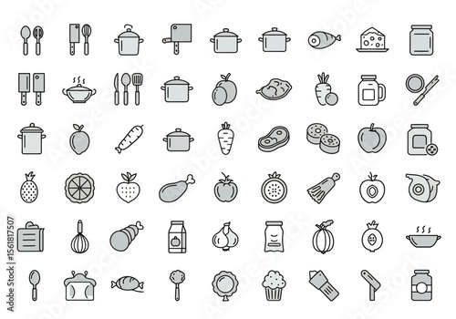 Collection of Culinary Ingredients and Utensils Featuring Fresh Produce Meats Seafood and Cooking Equipment