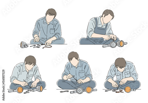 Hand Drawn Illustration of Worker Repairing Machinery in Various Stages
