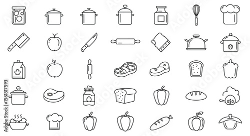 A Collection of Hand Drawn Icons Representing Various Food Preparation Tools Ingredients and Culinary Items Found in the Kitchen