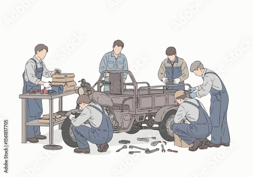 Detailed Handdrawn Illustration Mechanics Repairing Vehicle Machine Automotive Industry