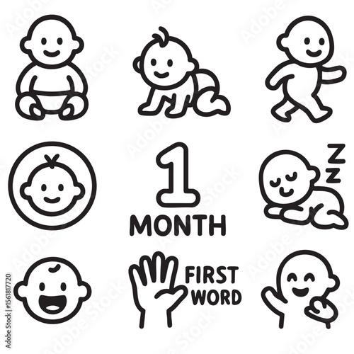 Baby icons representing growth stages, including crawling, walking, and first words, evoke joy