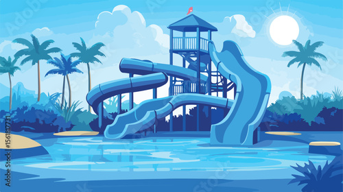 Vibrant Blue Slide Water Park Flat Vector Illustration