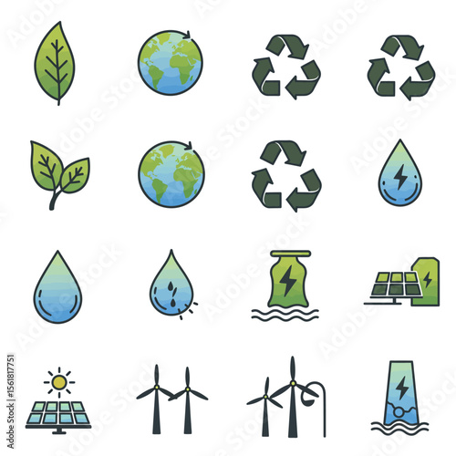 Icons representing sustainable energy sources and environmental protection including leaves recycling symbols water droplets and global conservation efforts