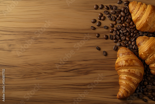 Warm Wooden Background with Freshly Baked Croissants and Aromatic Coffee Beans, Perfect for Breakfast or Cafe Concepts