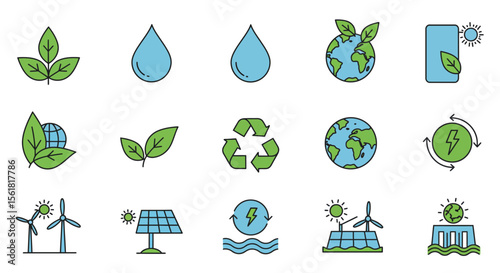 Illustrations of Renewable Energy Sources and Environmental Protection Symbols for a Sustainable Future