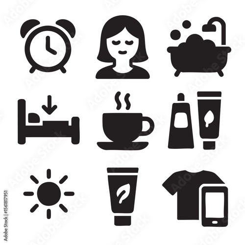 Icons representing daily routines and self care activities, including relaxation and wellness