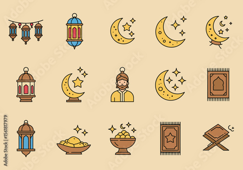 Collection of Islamic Cultural Elements Featuring Crescent Moons Lanterns Prayer Mats and Bowls of Food Representing Ramadan and Eid Celebrations