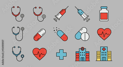 Collection of Medical Icons Representing Healthcare Services and Equipment Including Stethoscopes Syringes Pills and Hospitals